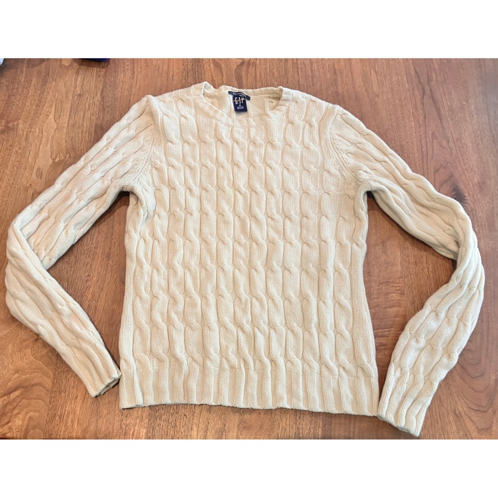 Gap Lambswool Stretch Cable Knit Sweater Cream Crewneck Mens Medium RN 54023